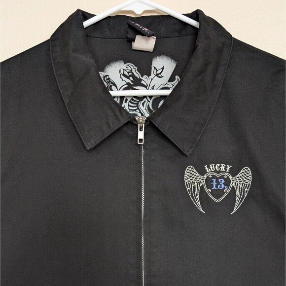 VTG Lucky 13 Collared Lightweight Biker Jacket Women's XL True Blue Angel Wings - Picture 6 of 14